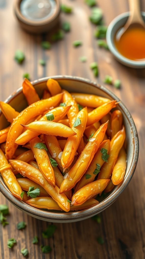 Crispy Air Fryer Butter Beans Recipe Crispy air-fried butter beans in a bowl, garnished with herbs, on a rustic wooden table.